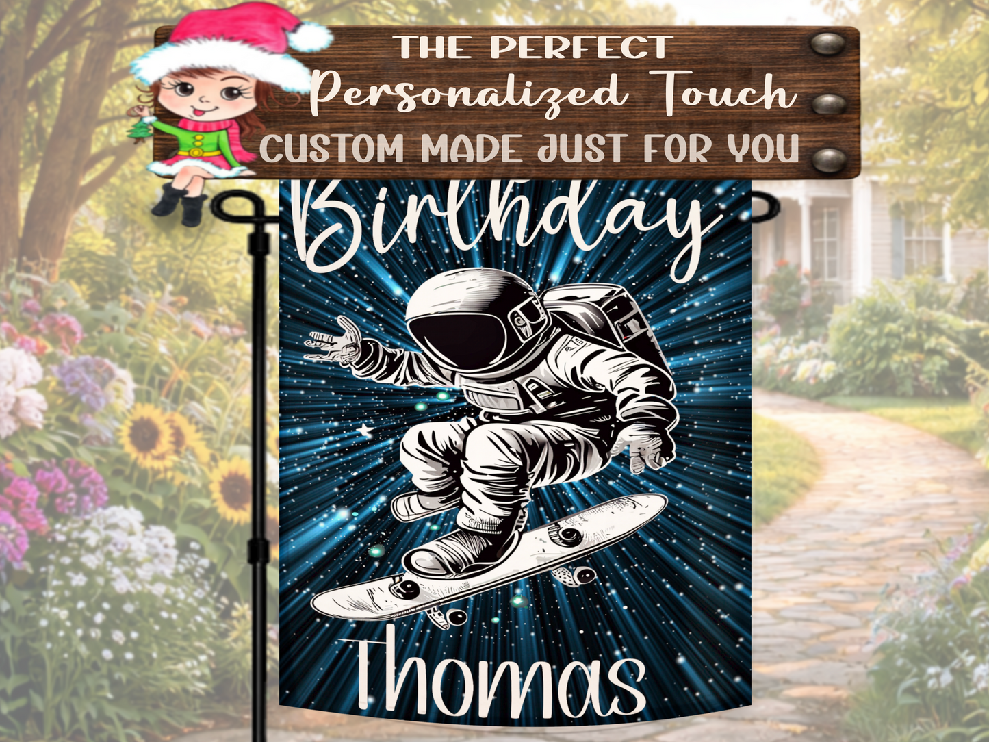 Outdoor personalized birthday flag featuring astronaut skateboard artwork for space party décor