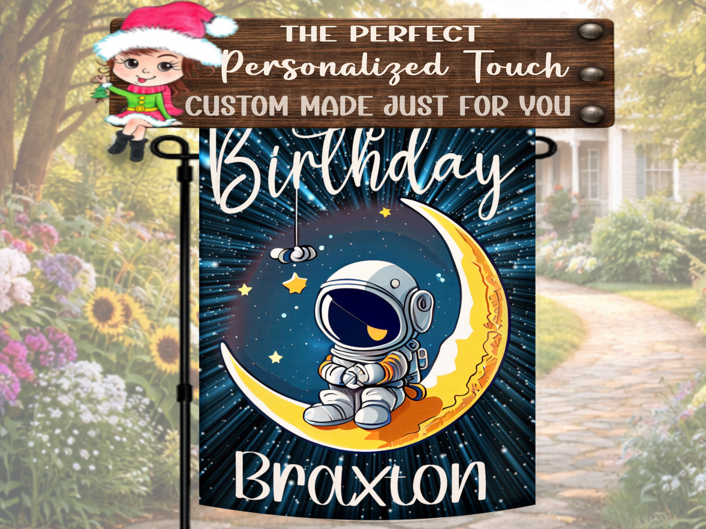 Cute personalized astronaut birthday garden flag for boys or girls birthday celebration