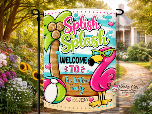 Personalized Splash Splash Welcome pool garden flag with flamingo.