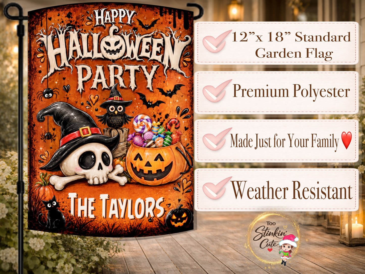 Personalized Halloween porch flag with a witchy owl, smiling skull, colorful candy, and custom family name.