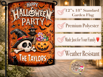 Personalized Halloween porch flag with a witchy owl, smiling skull, colorful candy, and custom family name.
