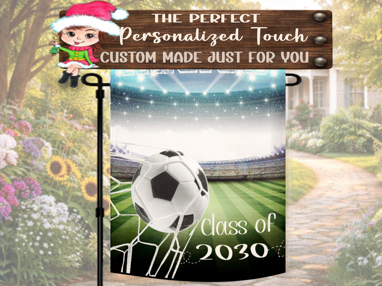 Soccer graduation keepsake flag with stadium lights and custom text