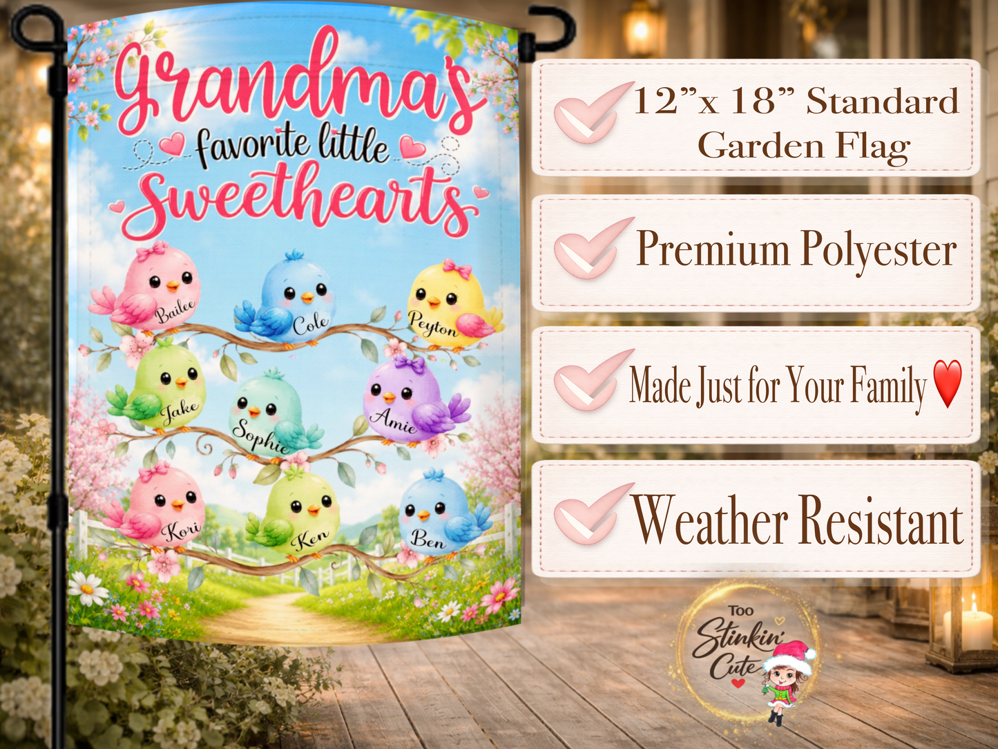 Floral bird family garden flag customized with grandkids