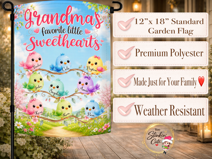 Floral bird family garden flag customized with grandkids
