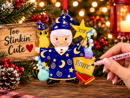 Custom name wizard girl ornament featuring moons, stars, an owl, and spell books