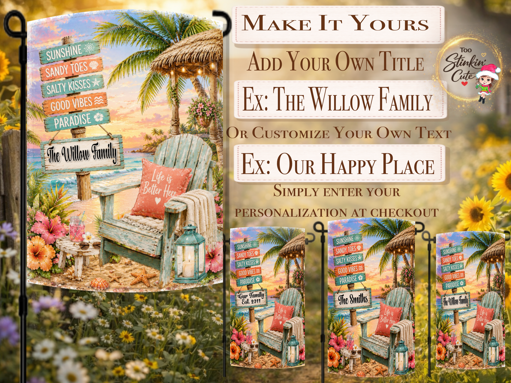 Custom family beach house garden flag with palm trees.