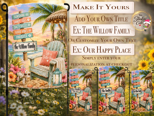 Custom family beach house garden flag with palm trees.