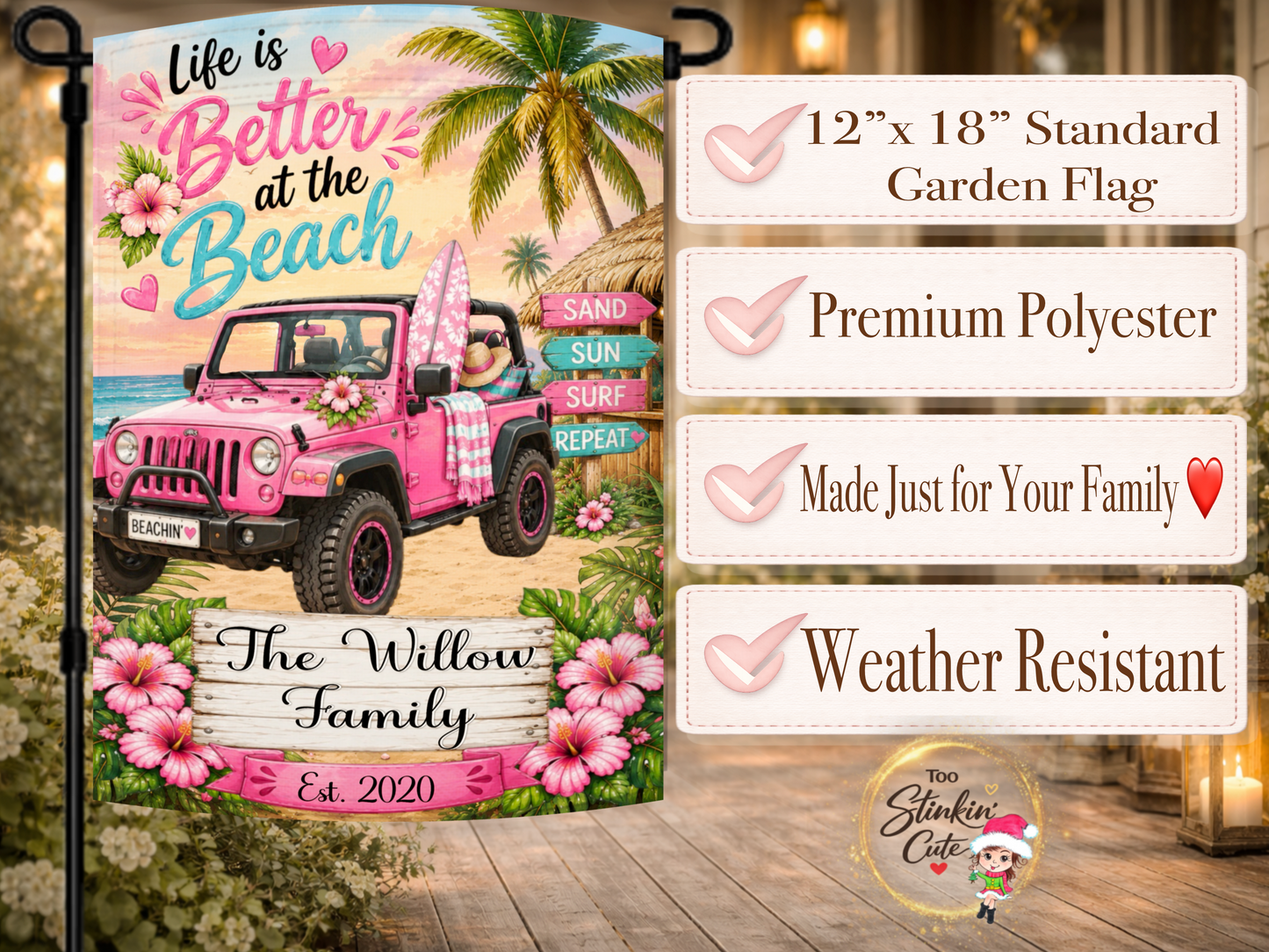 Coastal outdoor flag with pink beach vehicle and flowers.