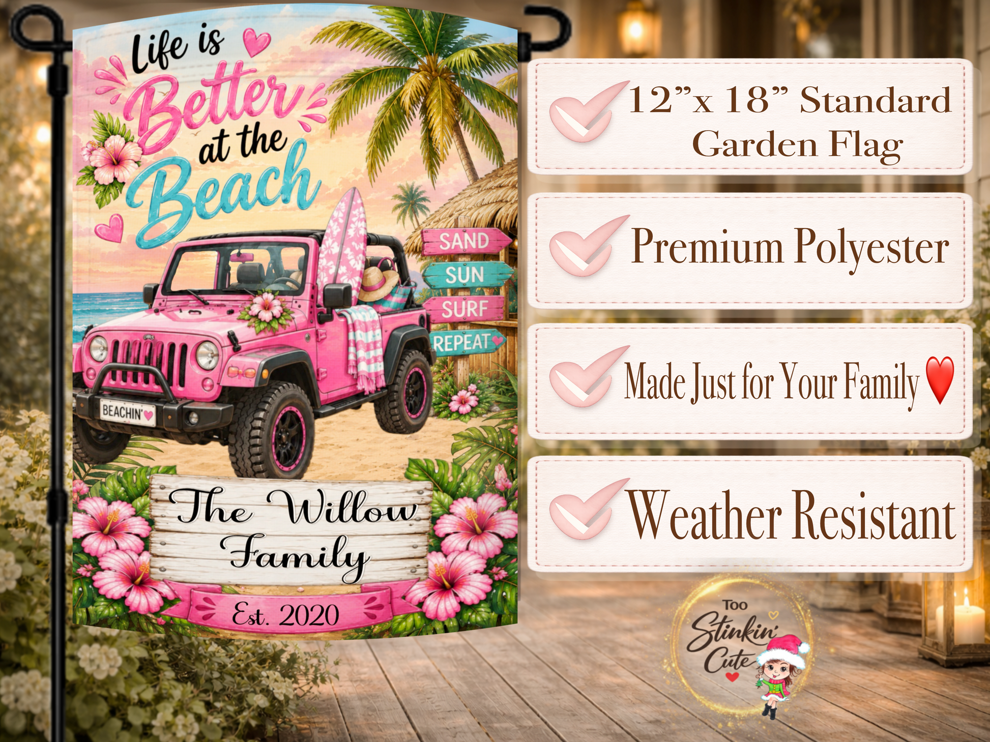 Coastal outdoor flag with pink beach vehicle and flowers.