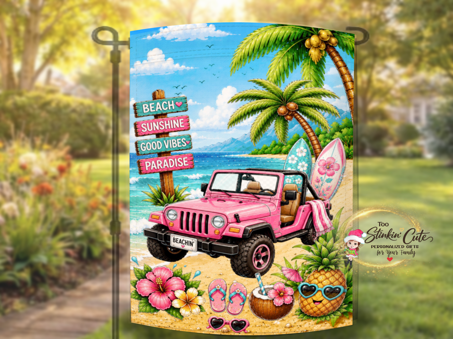 Tropical outdoor flag for beach lovers and Jeep fans.