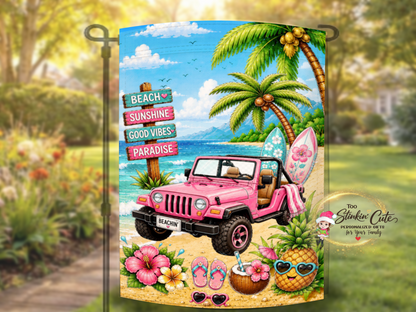Tropical outdoor flag for beach lovers and Jeep fans.