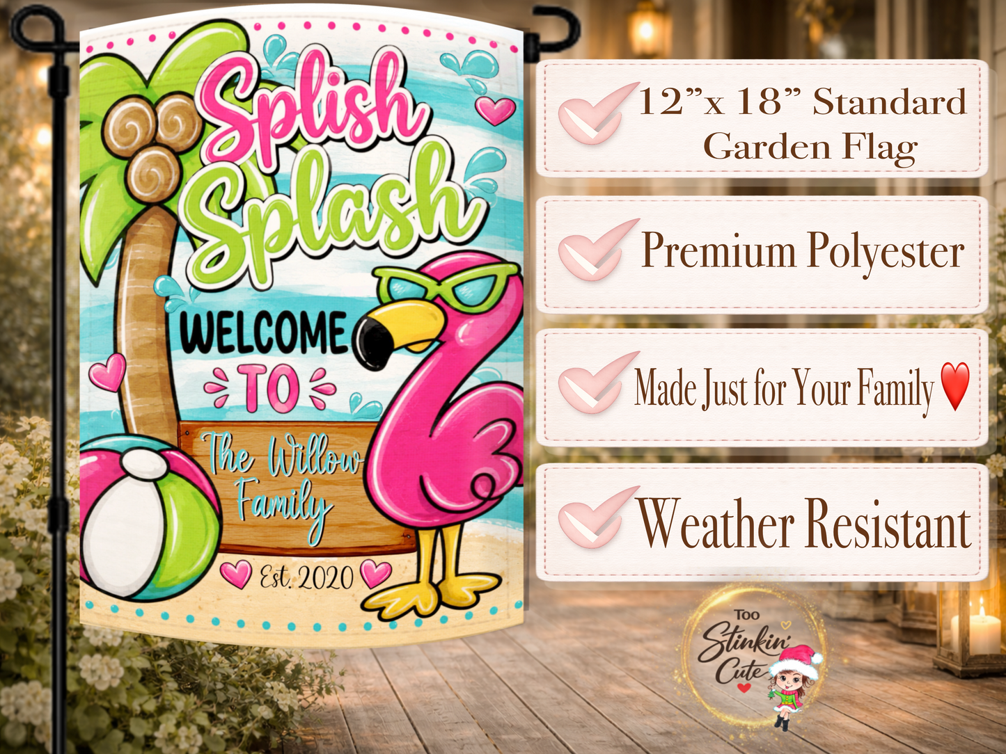 Tropical summer garden flag with pink flamingo and palm tree.