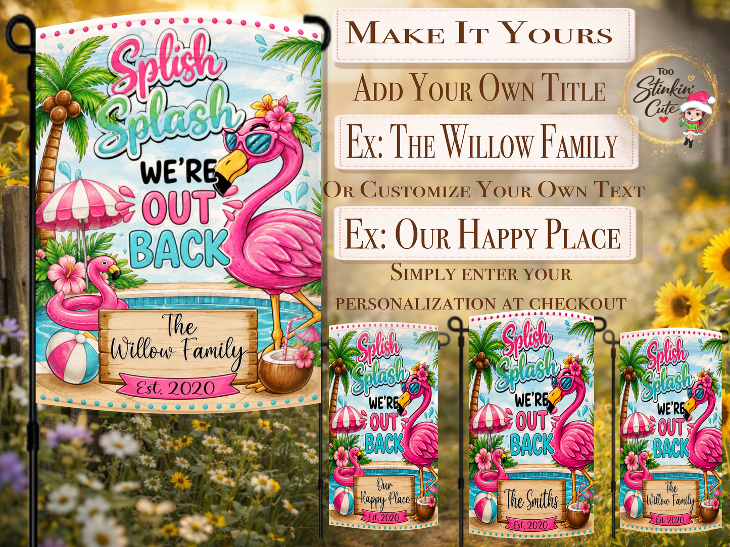 Custom tropical flamingo poolside garden flag with family name.