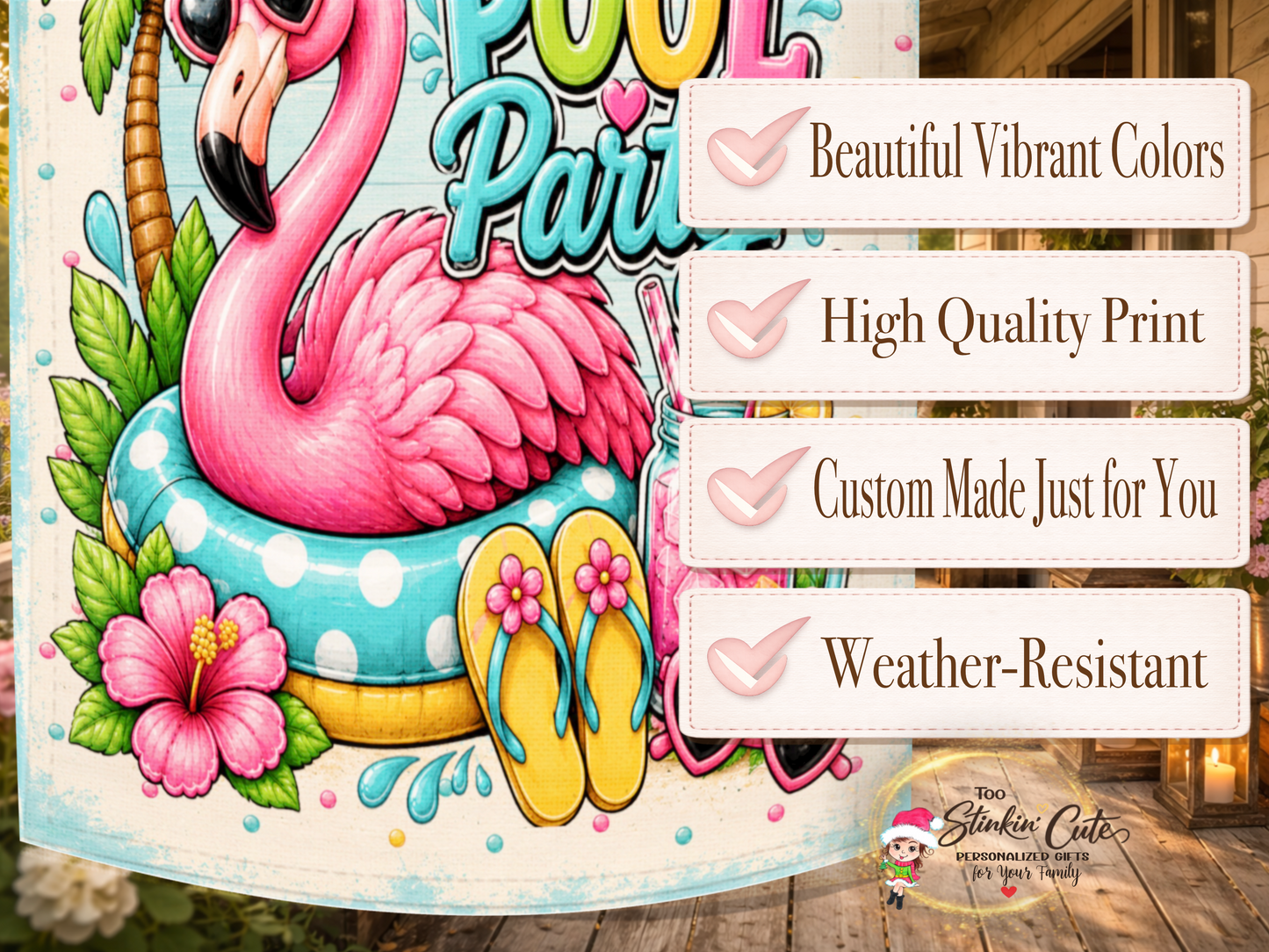 Tropical flamingo patio flag for backyard pools.