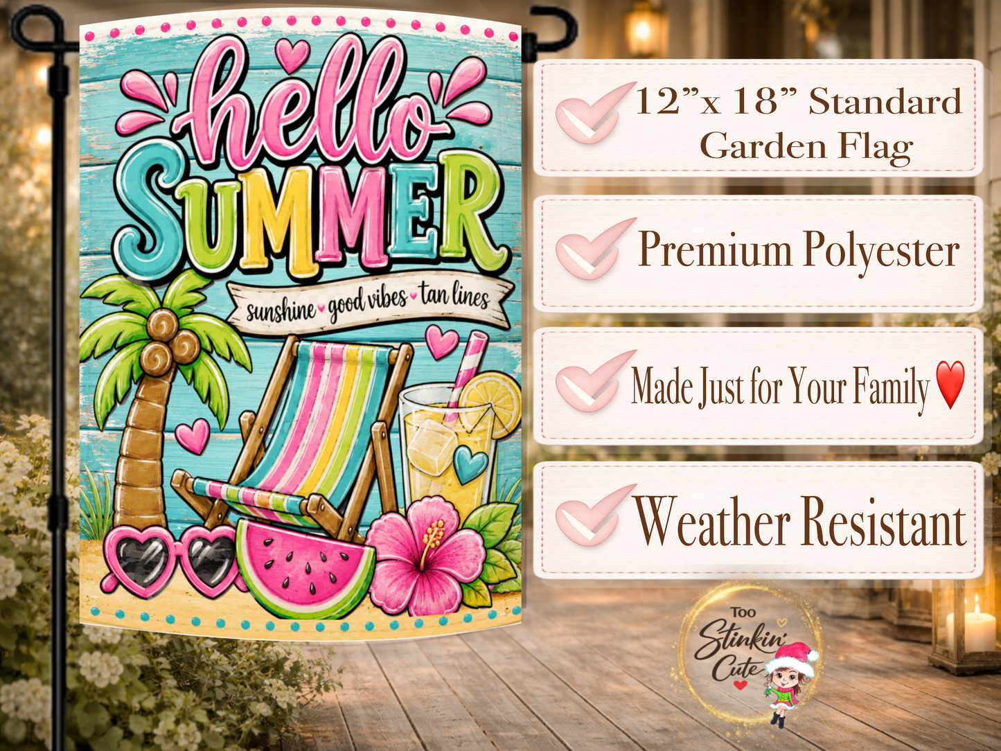 Bright tropical porch flag with Hello Summer design.