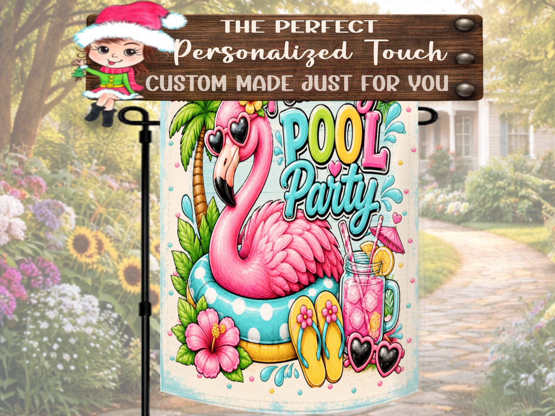 Bright summer garden flag with flamingo and palm tree.