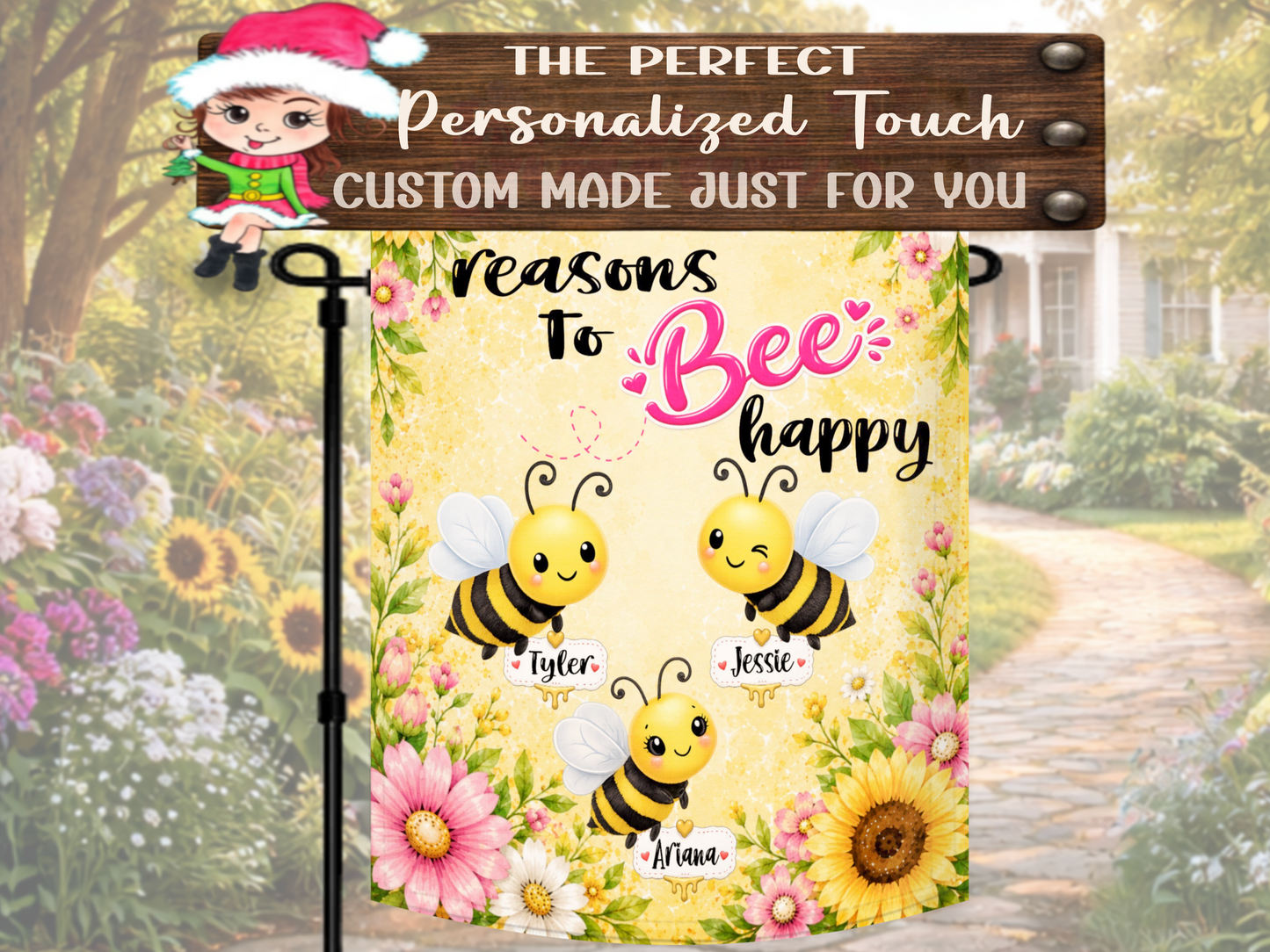 Bee themed Grandma garden flag with custom family names