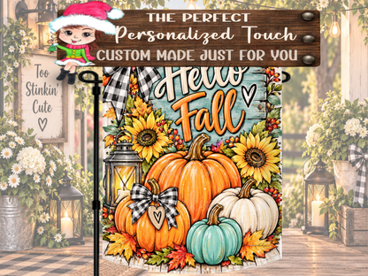 Farmhouse autumn flag featuring bright pumpkins, plaid bows, sunflowers, and hand-painted seasonal details.