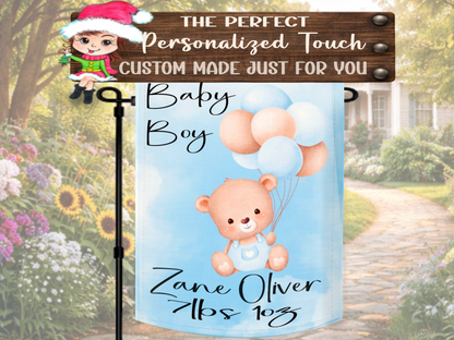 Newborn baby boy outdoor keepsake flag with pastel balloon artwork