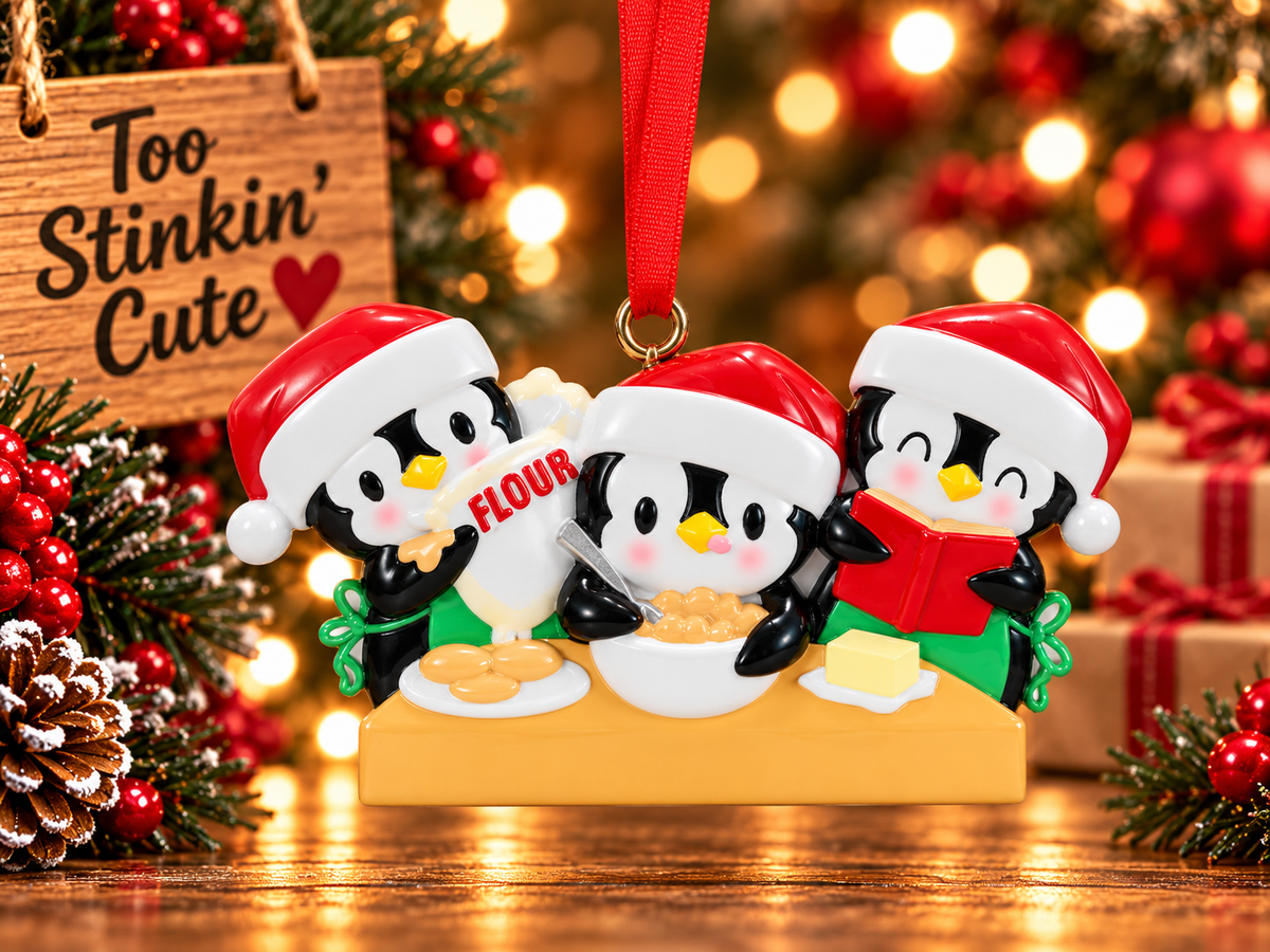 Three penguins baking Christmas ornament wearing red Santa hats behind a golden-colored kitchen counter.