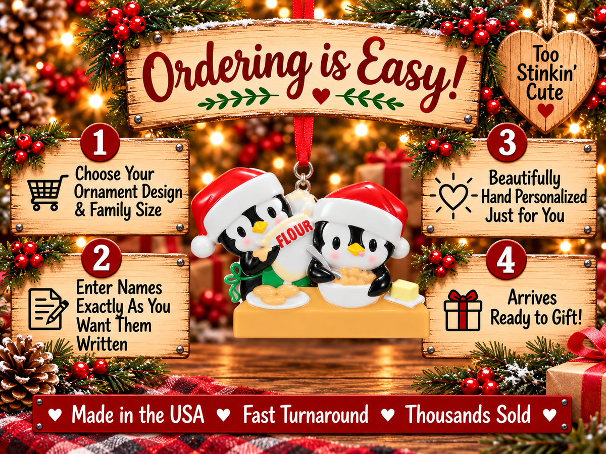 Two penguin bakers ornament with blank white hat brims and a counter front for hand personalization.