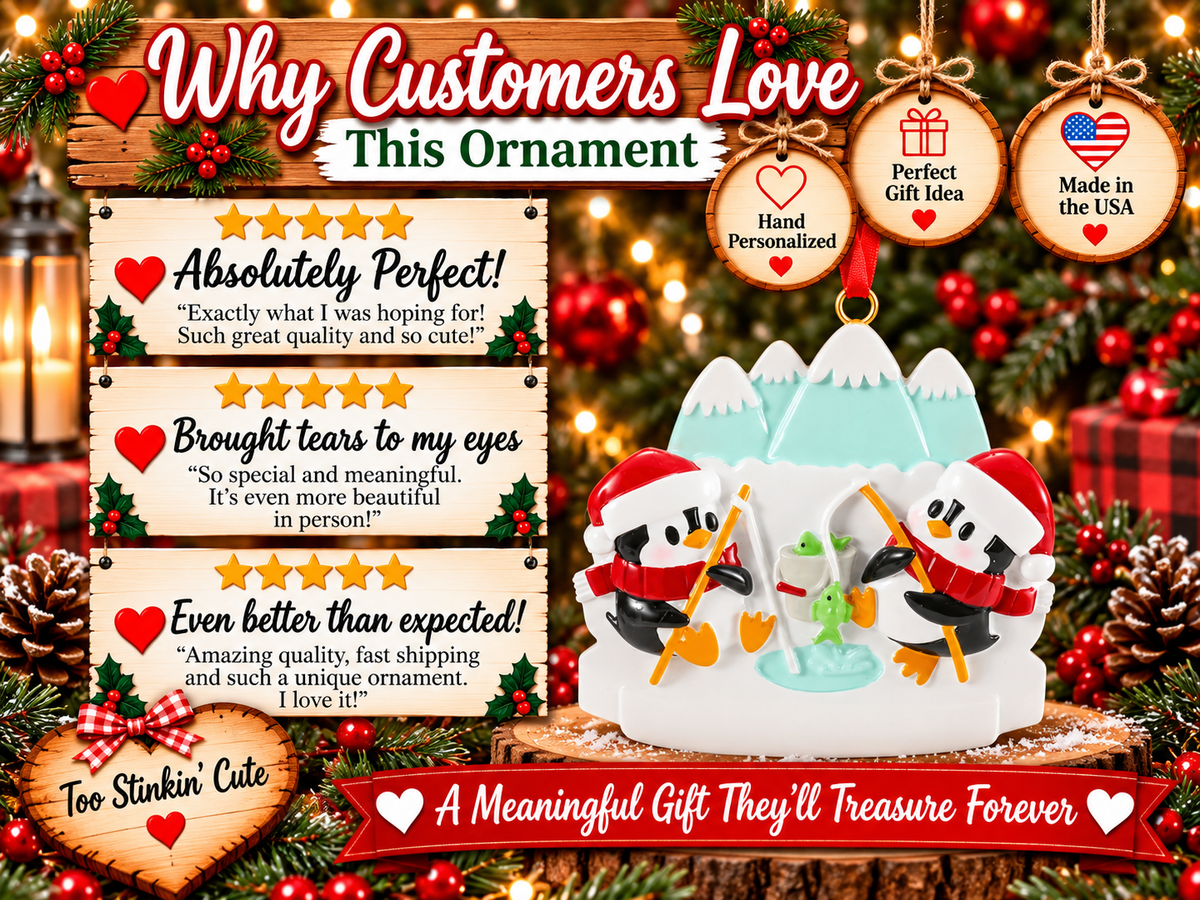 Penguin ice fishing couple ornament hanging from a red ribbon against warm Christmas lights.