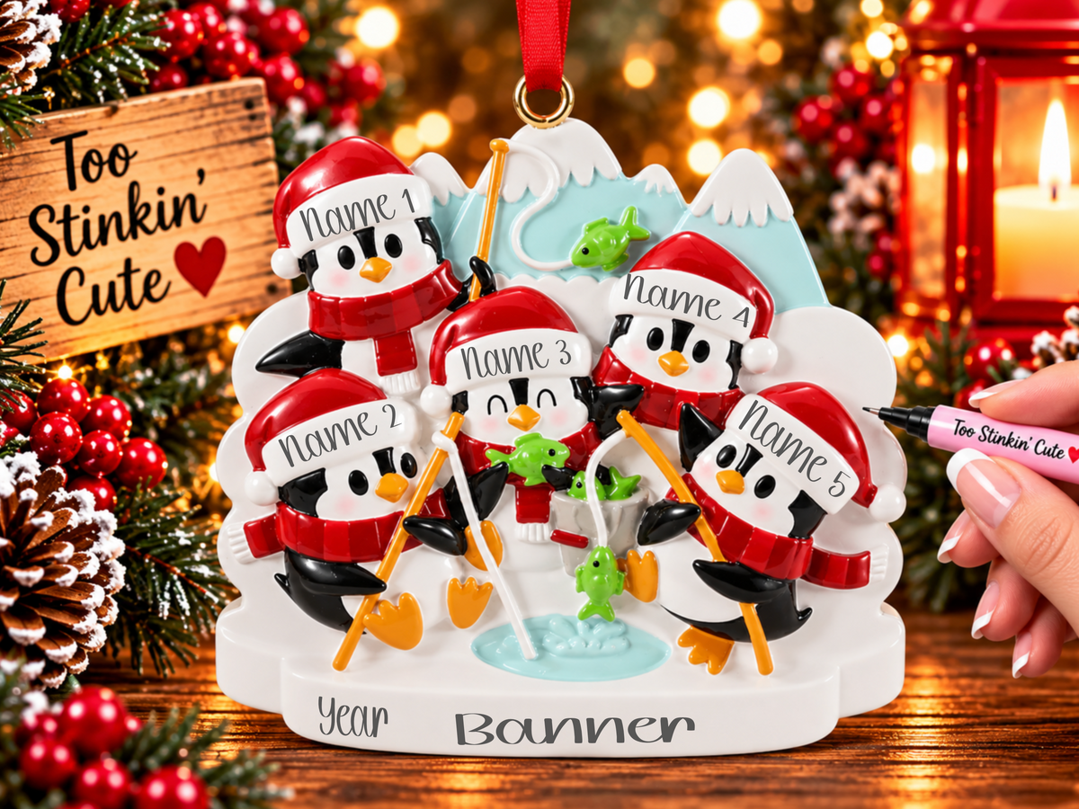 Five black and white penguins gathered around a blue ice fishing hole with green fish and orange fishing poles.