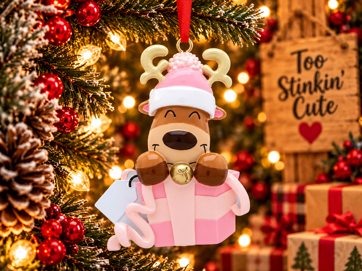 Reindeer in pink present ornament beside a Too Stinkin’ Cute wooden sign in a rustic Christmas setting.