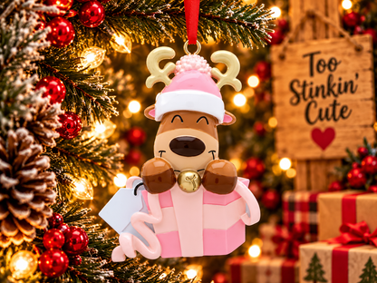 Reindeer in pink present ornament beside a Too Stinkin’ Cute wooden sign in a rustic Christmas setting.