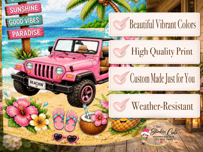 Coastal porch flag with pink Jeep and tropical flowers.