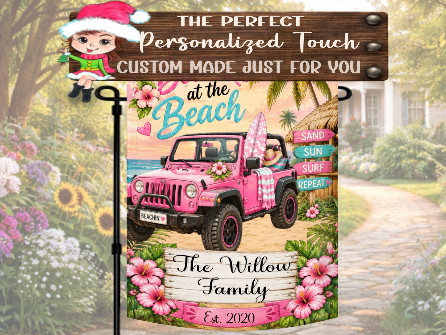 Personalized beach lover garden flag for summer décor.