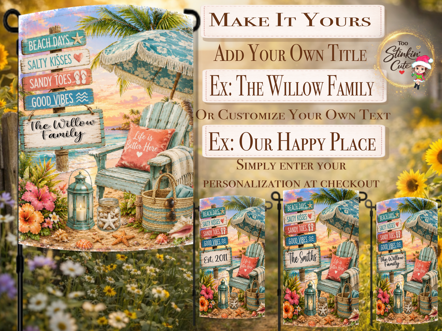 Custom family beach house garden flag with tropical scenery.