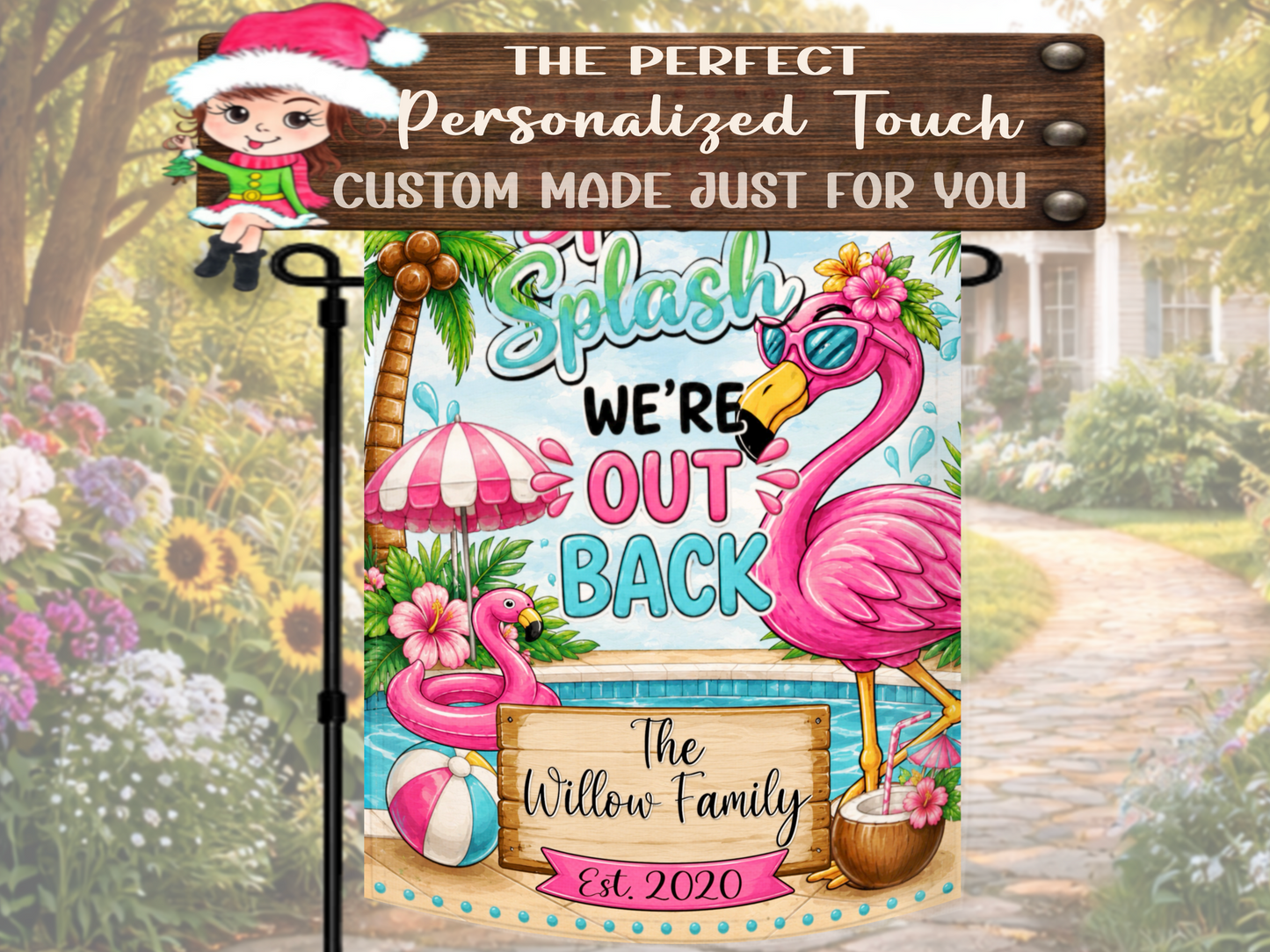 Personalized backyard pool décor flag for summer entertaining.
