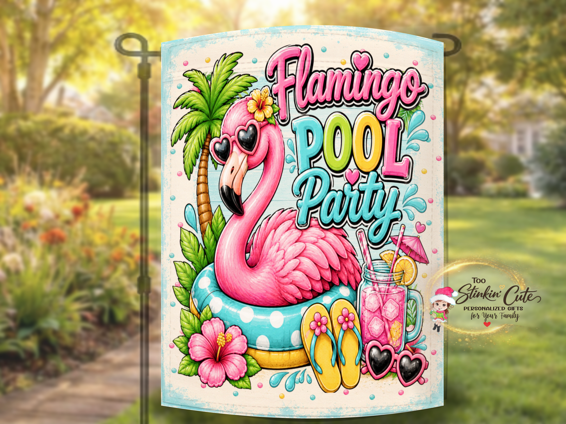 Colorful poolside décor flag featuring tropical flamingo.