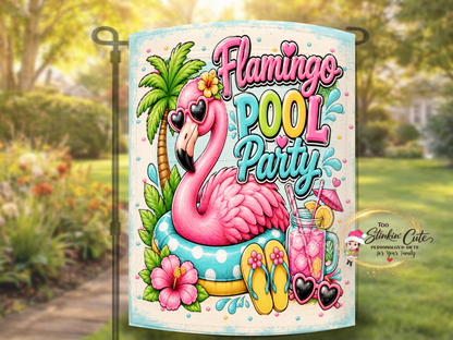 Colorful poolside décor flag featuring tropical flamingo.