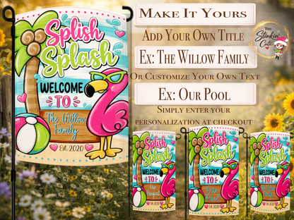 Custom family poolside garden flag with tropical flamingo.