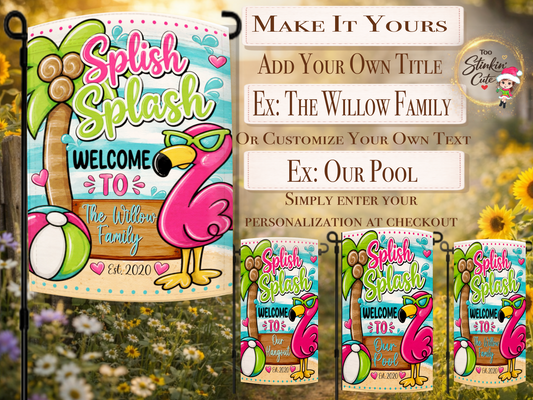 Custom family poolside garden flag with tropical flamingo.