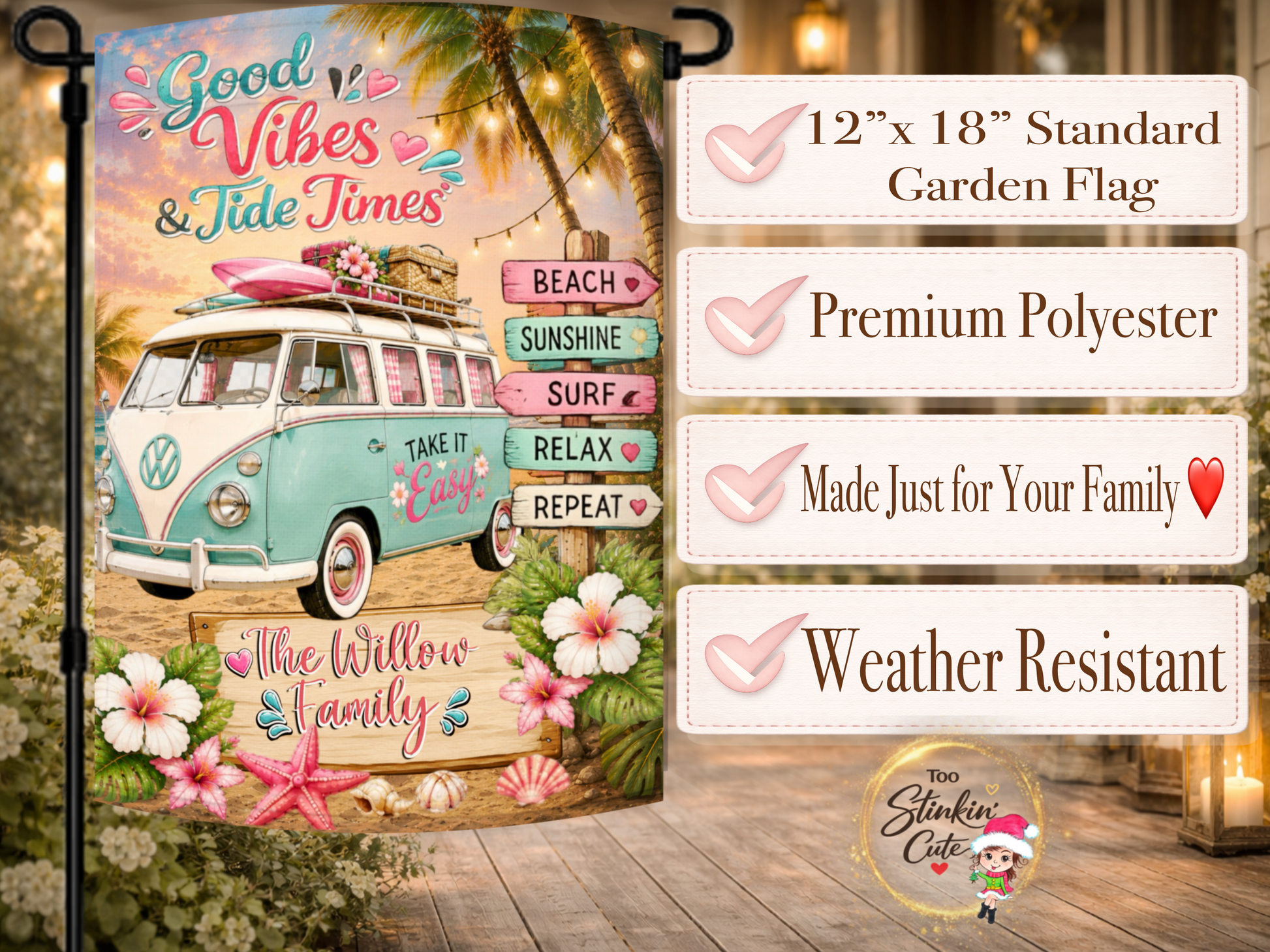 Coastal porch flag with personalized family name.