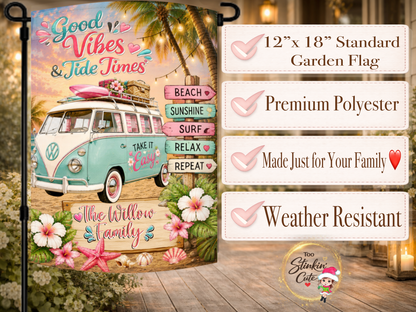 Coastal porch flag with personalized family name.