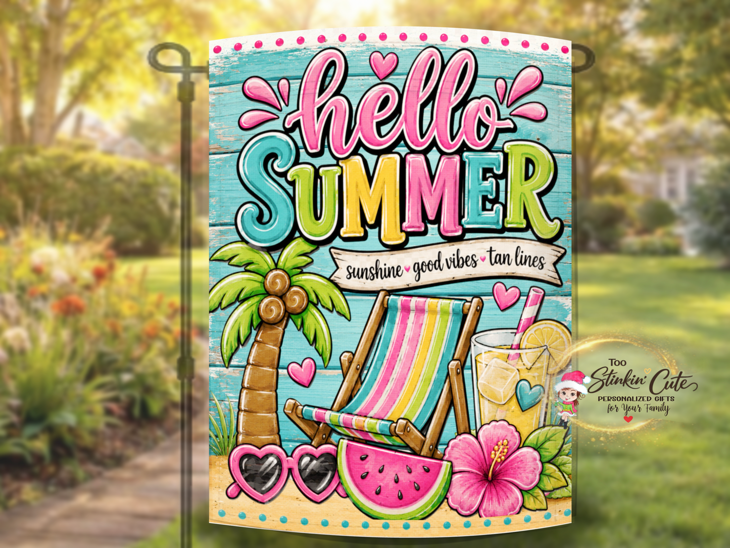 Decorative Hello Summer yard flag for outdoor decorating.