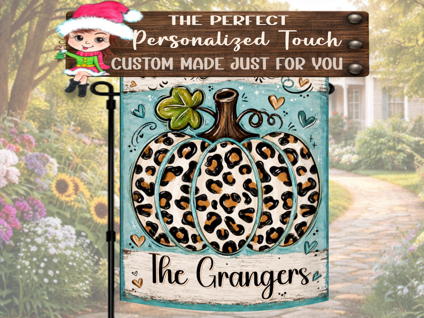 Custom autumn porch flag featuring Happy Fall Y’all wording, turquoise trim, and bold animal-print pumpkin.