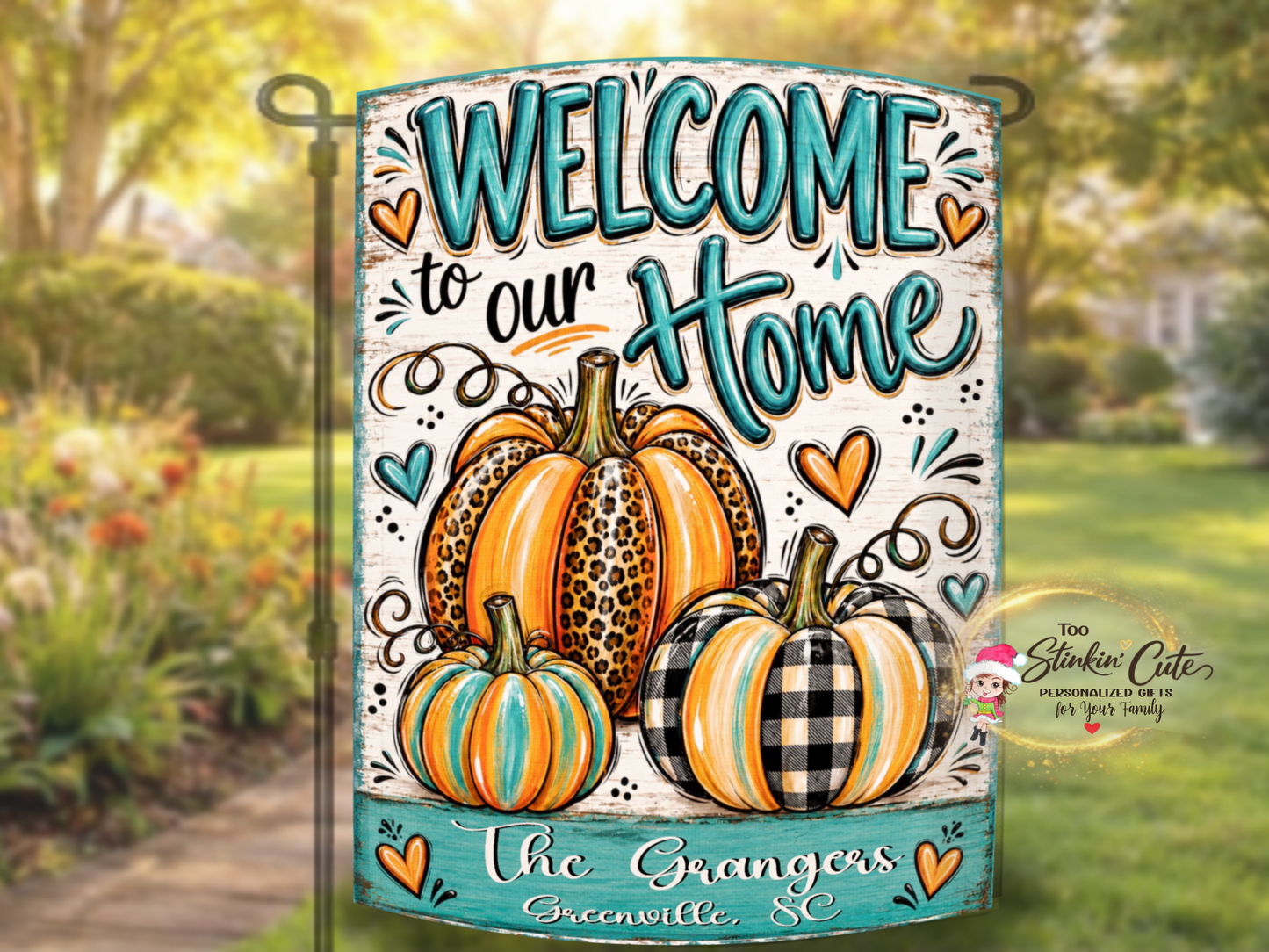 Personalized family home garden flag for fall porches, housewarming gifts, weddings, gardens, and walkways.