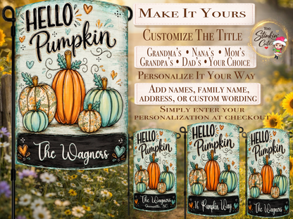 Custom family name fall garden flag with colorful pumpkins and rustic farmhouse-style background.