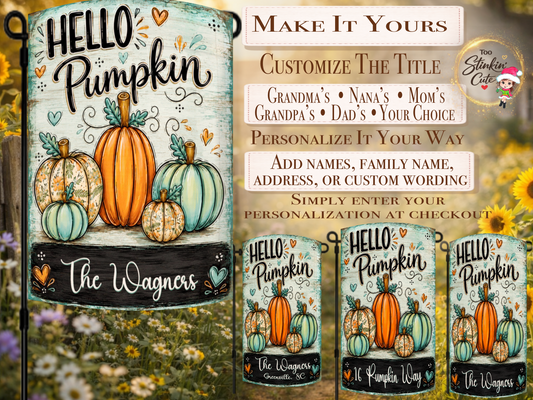 Custom family name fall garden flag with colorful pumpkins and rustic farmhouse-style background.