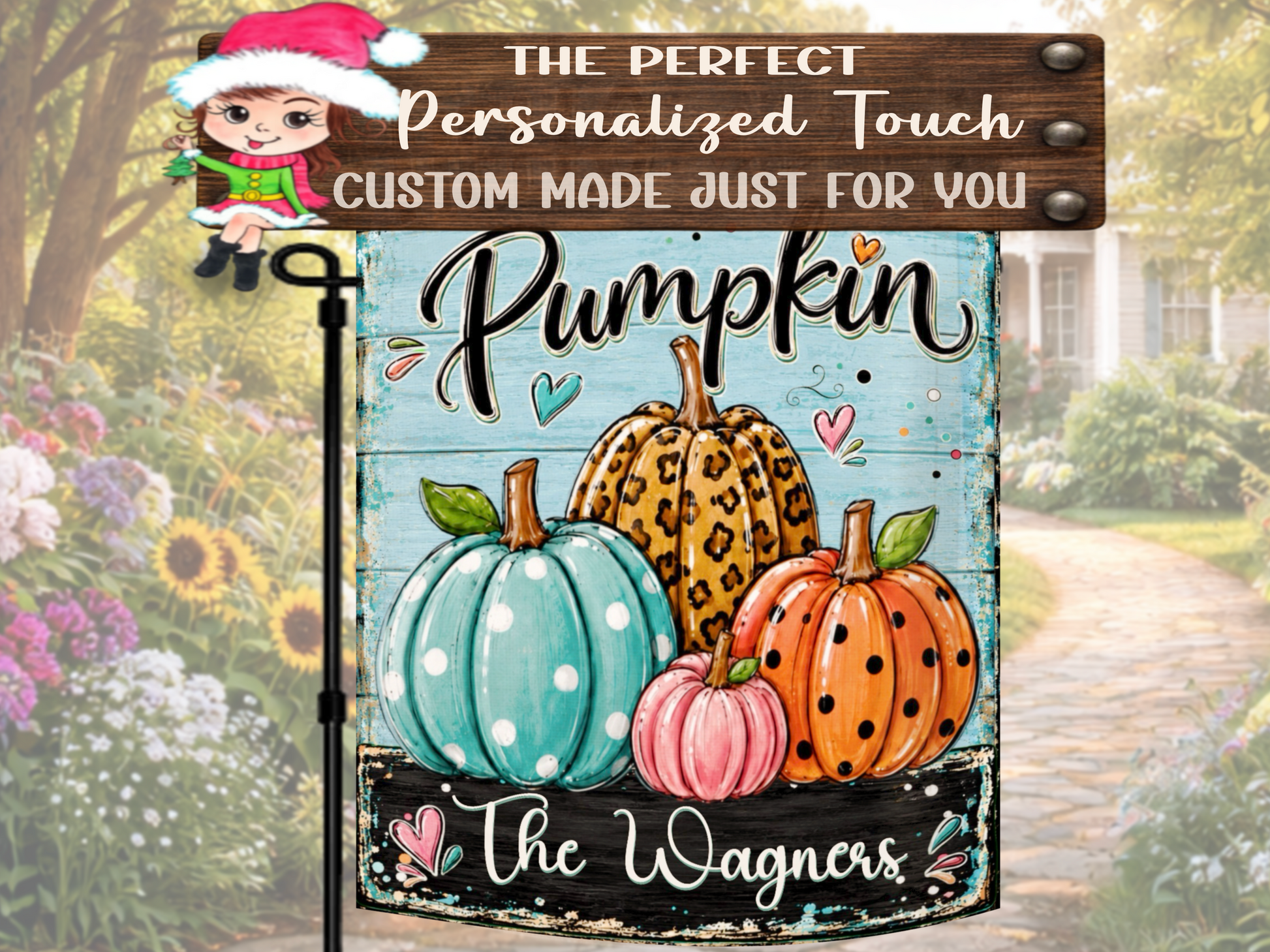 Personalized fall porch flag featuring Hello Pumpkin lettering and a custom surname.