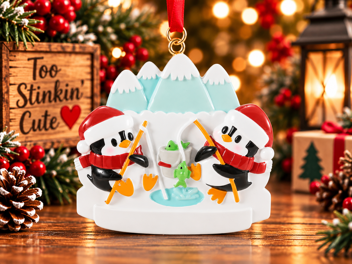 Two penguin fishing ornament displayed beside a Too Stinkin’ Cute wooden sign in a rustic holiday setting.