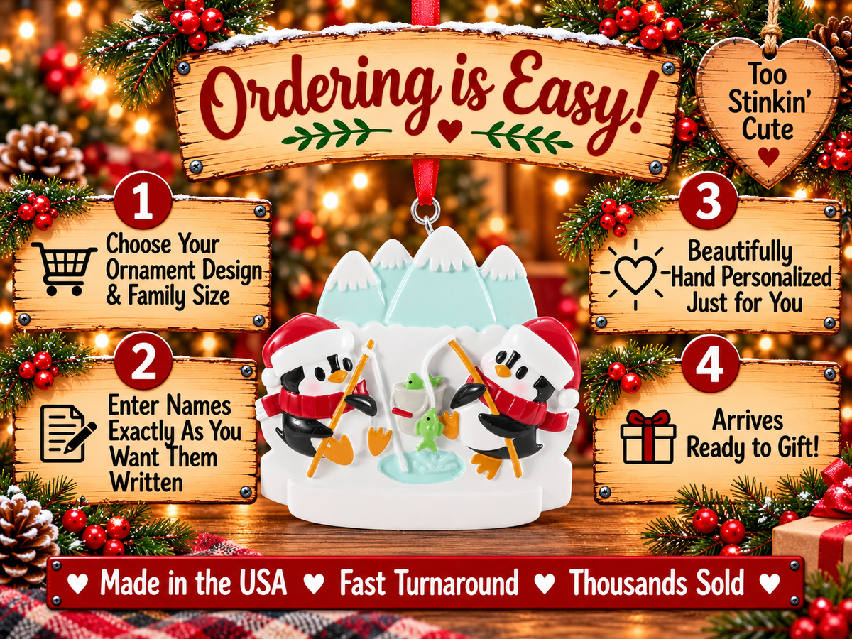 Family of two penguin ornament with blank white hat brims and a white base for hand personalization.