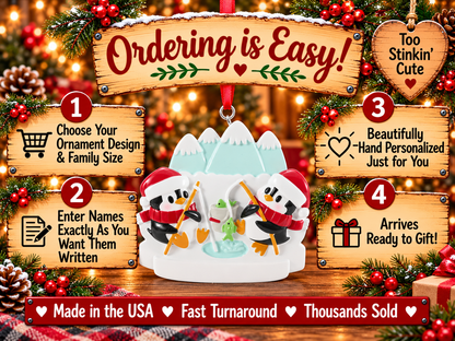Family of two penguin ornament with blank white hat brims and a white base for hand personalization.
