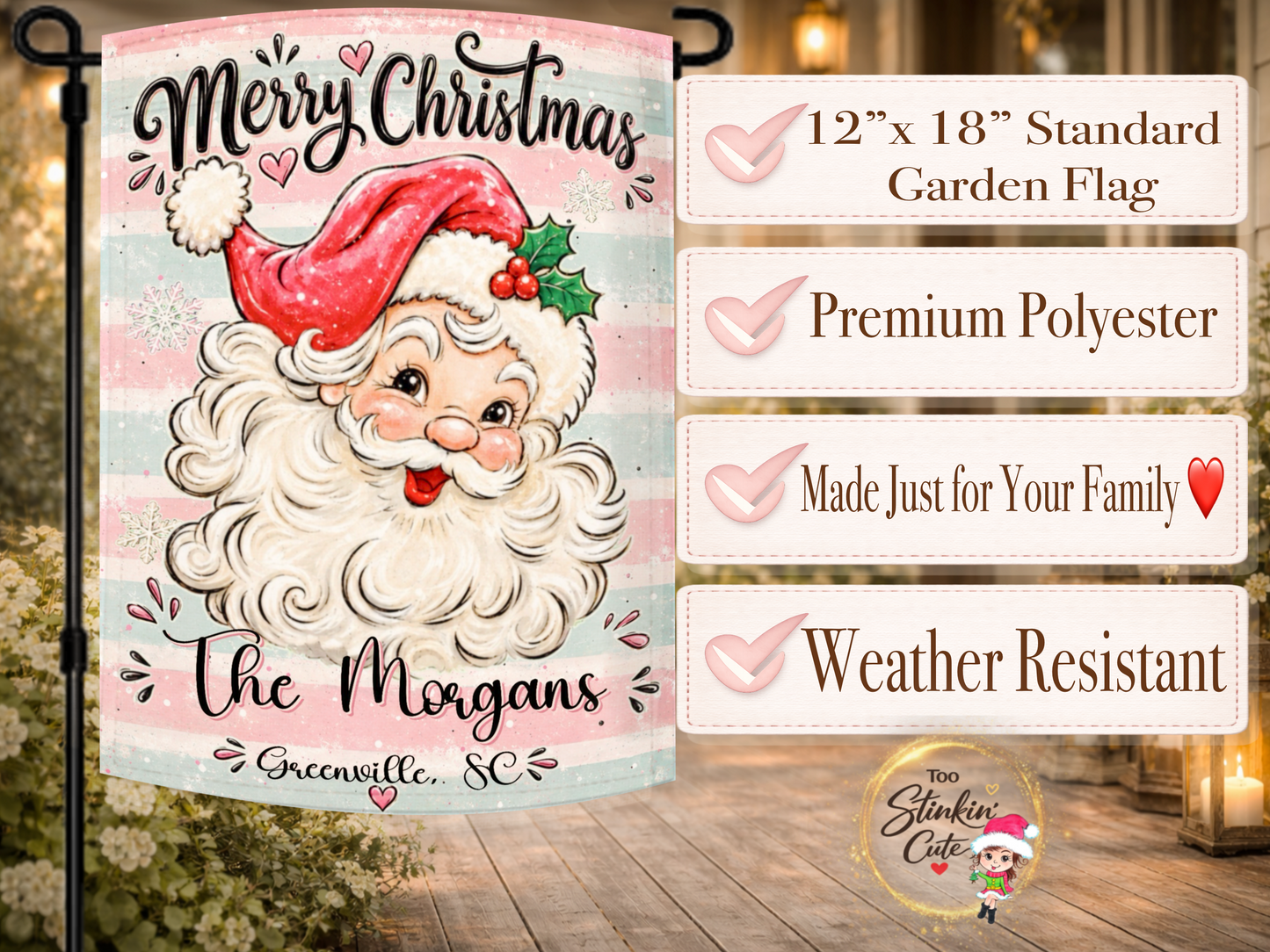 Custom Santa porch flag personalized with a family name, city and state