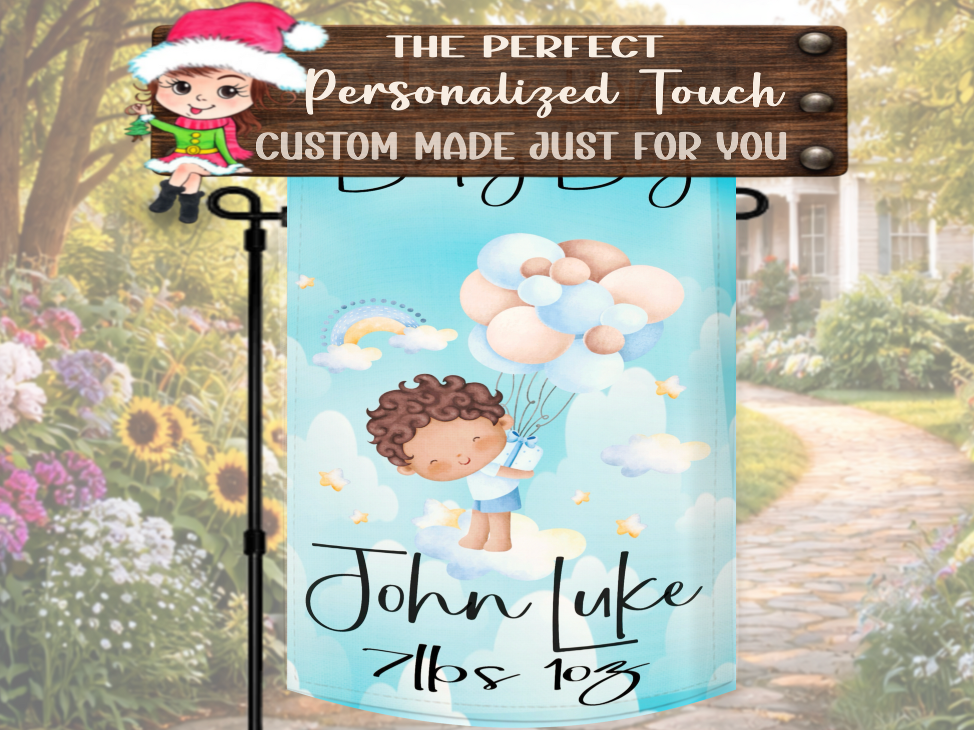 Baby boy outdoor keepsake flag with pastel clouds and balloon design